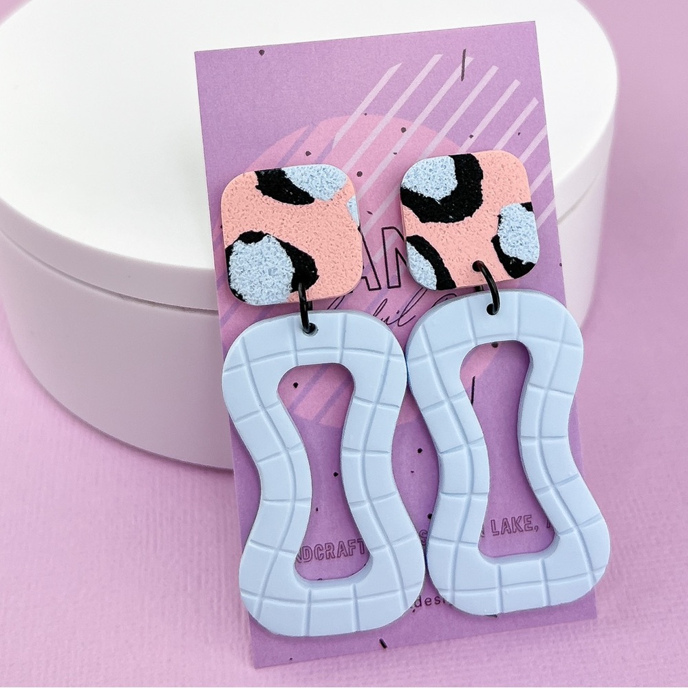 Leopard Print Pattern Polymer Clay Funky Wavy Hoop Dangle Earrings Handm…